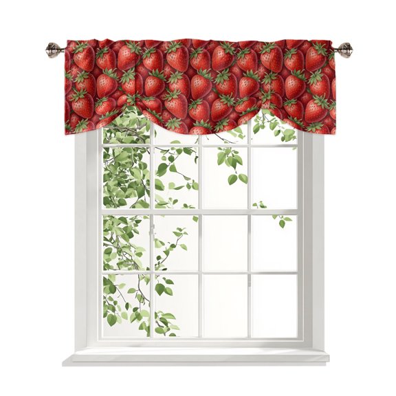 Red Strawberry Tie Up Valances Curtain, Modern Ruby Red Berry Fruit Adjustable Rod Pocket Window Treatment Short Tie Up Curtains Valances for Kitchen Living Room Bathroom 42x12 Inches