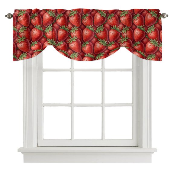 Red Strawberry Tie Up Valances Curtain, Modern Ruby Red Berry Fruit Kitchen Valances for Windows Decor, Rod Pocket Short Curtains Set for Bedroom/Bathroom, 60"x18"