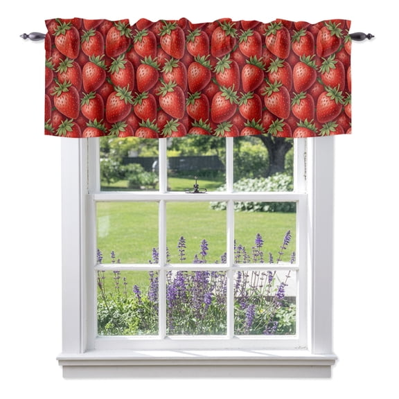 Red Strawberry Valances for Windows, Modern Ruby Red Berry Fruit Rod Pocket Valance Short Window Treatments Curtains for Kitchen Bathroom Bedroom Decor, 42 x 18 Inches