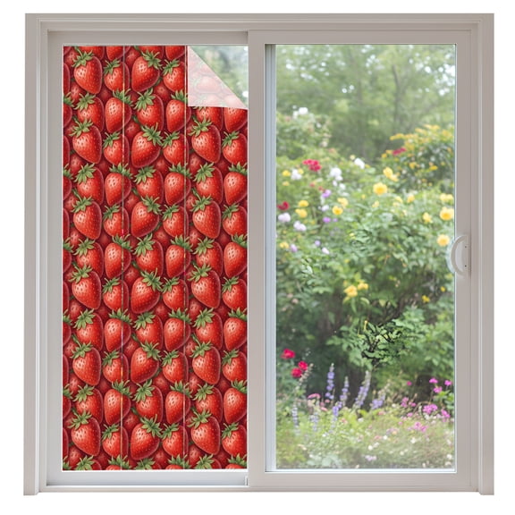 Red Strawberry Window Privacy Film Modern Ruby Red Berry Fruit Decorative Glass Window Film UV Blocking Static Cling Non-Adhesive Sticker Covering for Home Door 35.4x78.7 inches