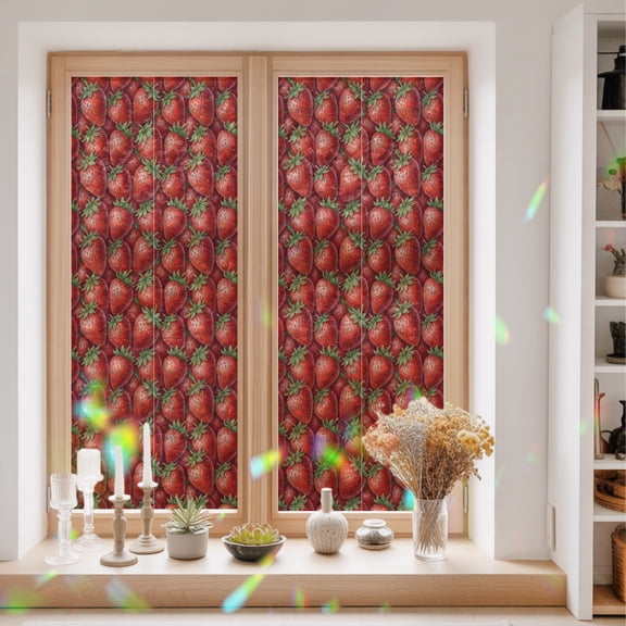 Red Strawberry Window Privacy Film Modern Ruby Red Berry Fruit Static Cling Stained Glass Window Film Non-Adhesive Decorative Decals Rainbow Sticker 23.6"X59"