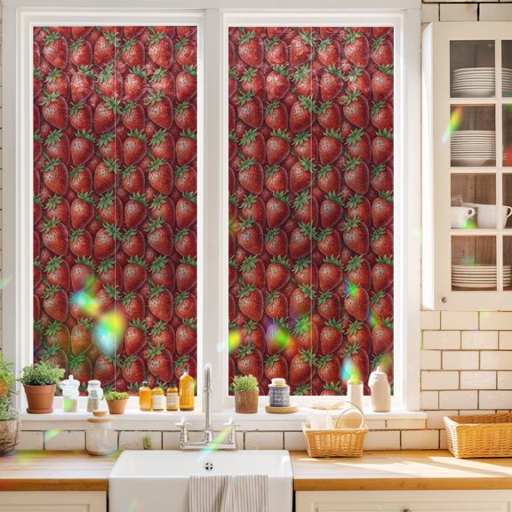 Red Strawberry Window Privacy Film Modern Ruby Red Berry Fruit Static Cling Stained Glass Window Film Non-Adhesive Decorative Decals Rainbow Sticker 17.7"X39.3"
