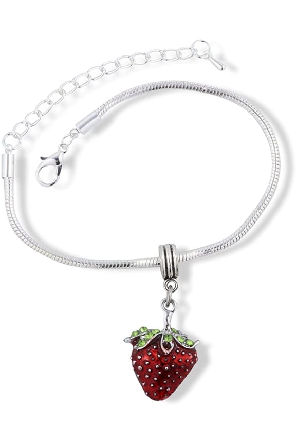 Red Strawberry with Green Leaf and Stem Snake Chain Charm Bracelet