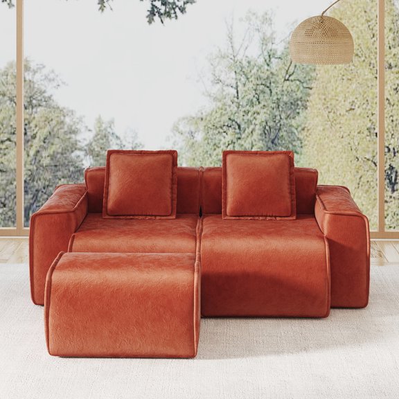 Red Streamlined Design Modular 2 Seat L Shape Sectional Boneless Sofa with French Edge Piping, No Assembly Required, 2-Seat Sofa Couch with Throw