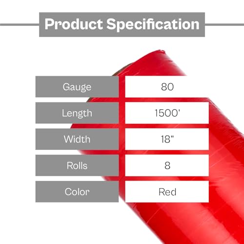 Red Stretch Wrap for moving, 8 Pack of 18 Inch x 1500 Feet, Cast Hand