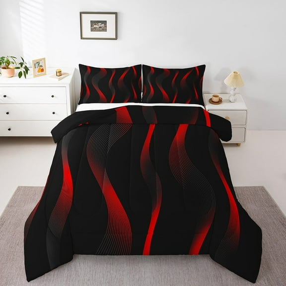 Red Stripe Bedding Set Twin Size Abstract Geometry Comforter Set Adults, Geometric Lines Bedding Comforter Sets Modern Fashion Black Duvet Insert, Luxury Room Decor Women