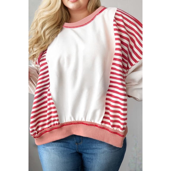 Red Stripe Color Block Patchwork Seam Detail Plus Size Sweatshirt