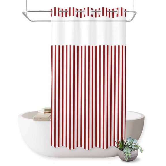 Red Stripe No Hook Shower Curtain Modern Minimalist Classic Vertical Stripes Lines Shower Curtain with See Through Top Window, Waterproof Washable Fabric Curtain for Bathroom Hotel Decor, 36Wx72L