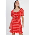 thumbnail image 1 of Red Stripe Lace Up Front Detail Ruffle Trim Balloon Sleeve Dress Red ' M, 1 of 4