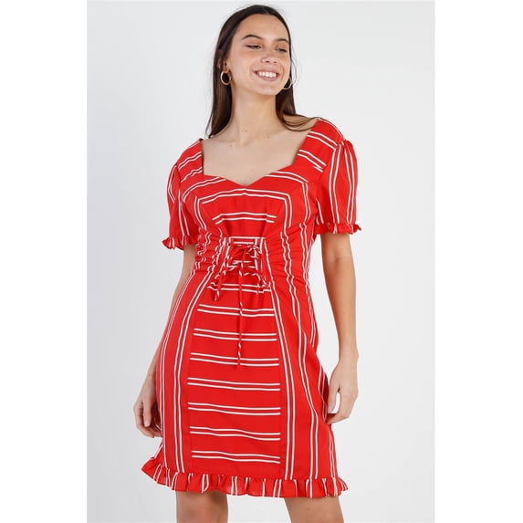 Red Stripe Lace Up Front Detail Ruffle Trim Balloon Sleeve Dress Red ' M