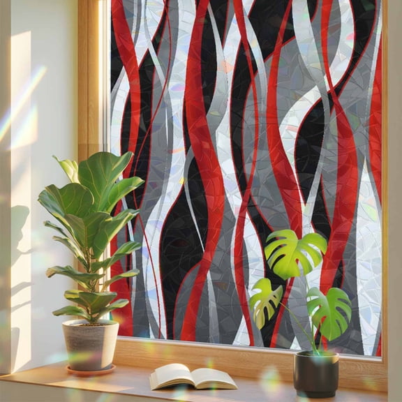 Red Stripe Privacy Window Film, Decorative Stained Glass Window Film, Grey White Ombre Geometric Modern Abstract Resuable Rainbow Static Cling for Home Bathroom Living Room Glass Door 19.6"x39.3"