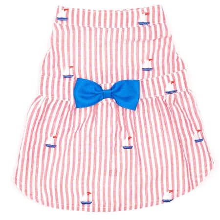 The Worthy Dog Embroidered Sailboat Stripe Seersucker Adjustable Pet Dress