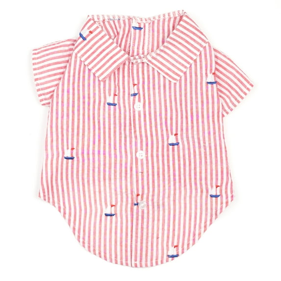 The Worthy Dog Embroidered Sailboats Stripe Seersucker Button Up Look Pet Shirt