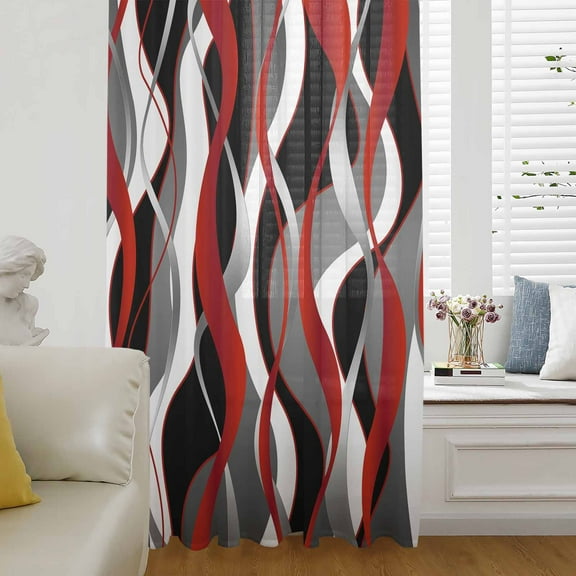 Red Stripe Semi Sheer Curtains Drapes for Living Room, Bedroom, French Doors Window 96 Inches Long, Grey White Ombre Geometric Modern Abstract Rod Pocket Chiffon Curtain Drapery Voile Drape Panel
