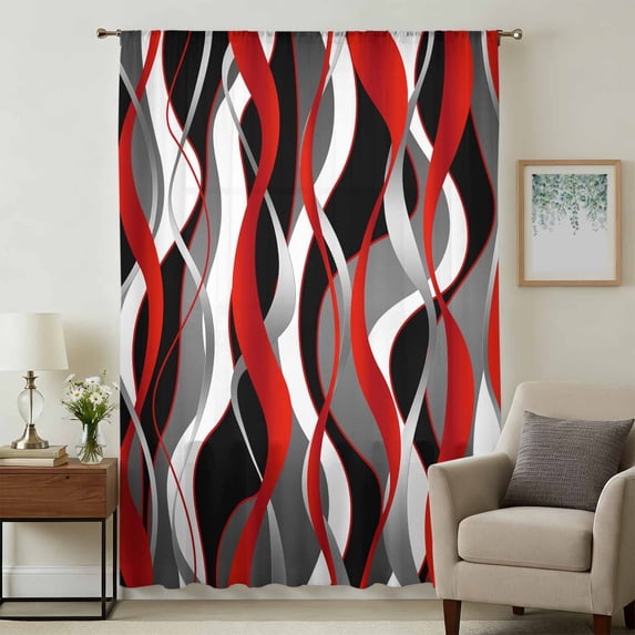 Red Stripe Sheer Curtains 72 Inches Long, Grey White Ombre Geometric Modern Abstract Light Filering Curtains, Breathable Simi Curtain Privacy Drapes for Living Room Bedroom Window Treatment