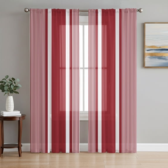 Red Stripe Sheer Curtains 96 Inch Length 2 Panels Set, Boho Striped Modern Minimalist Geometric Lines Voile Window Treatment Semi Sheer Long Curtains Drapes for Bedroom/Living Room/Kitchen 52"x96"x2