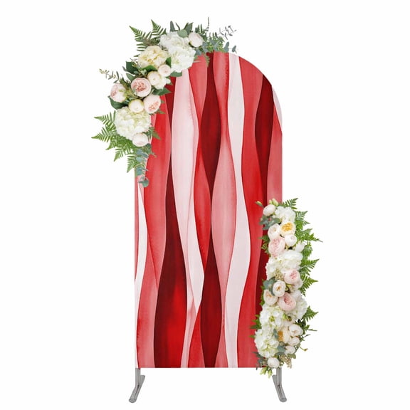 Red Striped Arch Backdrop Cover 5FT, Modern Gradient Geometric Ripple Stripes Spandex Fitted Stretchy Arch Stand Covers, Round Top Chiara Backdrop Cover for Wedding Party Birthday Baby Shower