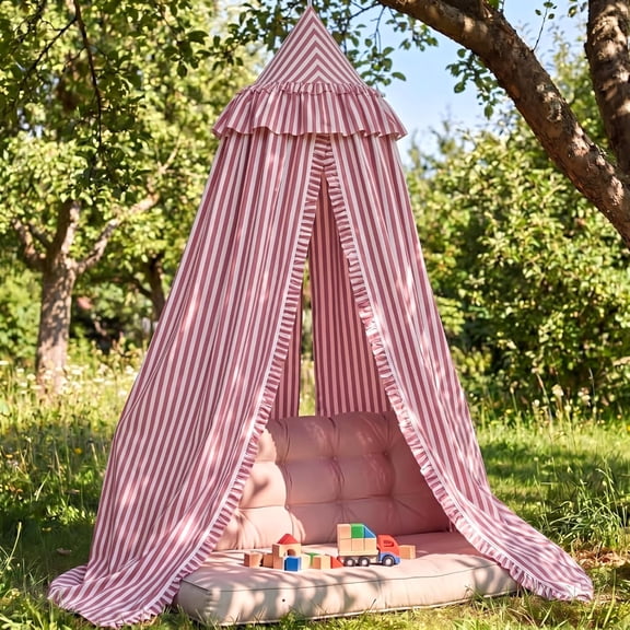 Red Striped Bed Canopy with Ruffles, Soft Cute Decorative Tent, Hanging Bed Curtains for Reading Nook Play Area, Adult Bedroom Circus Tent Canopy