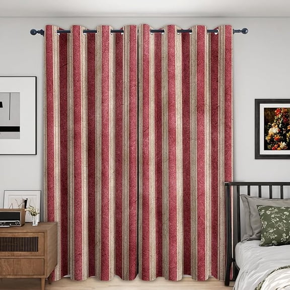 Red Striped Blackout Curtains, Vintage Antique Distressed Curtains for Bedroom Living Room Kitchen Window, Red Striped Home Decor Drapes 42"W x 84"L