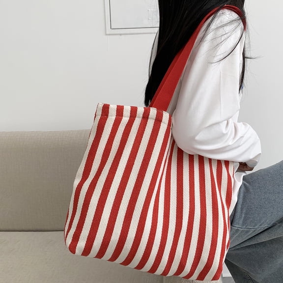 Red Striped Canvas Tote Bag for Women, Reusable Eco Friendly Grocery Shopping Bag & Casual Beach Tote with Wide Straps,Size Free Size