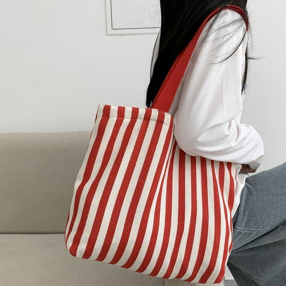 Red Striped Canvas Tote Bag for Women, Reusable Eco Friendly Grocery Shopping Bag & Casual Beach Tote with Wide Straps,Size Free Size