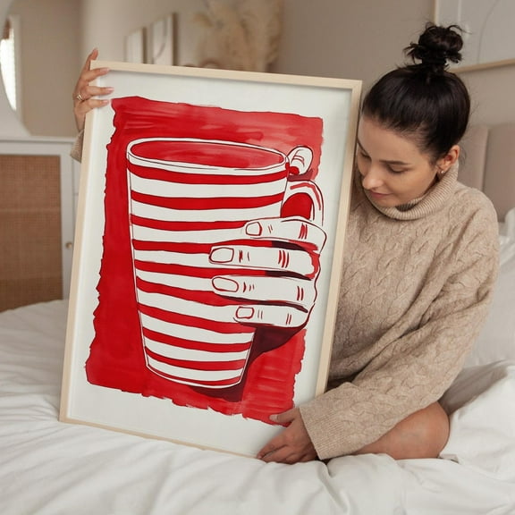 Red Striped Coffee Mug Art, Bold Kitchen, Minimalist Hand Modern Red And White Print, Coffee Lover Wall Art, Modern Wall Decor, 8x12 UNFRAMED
