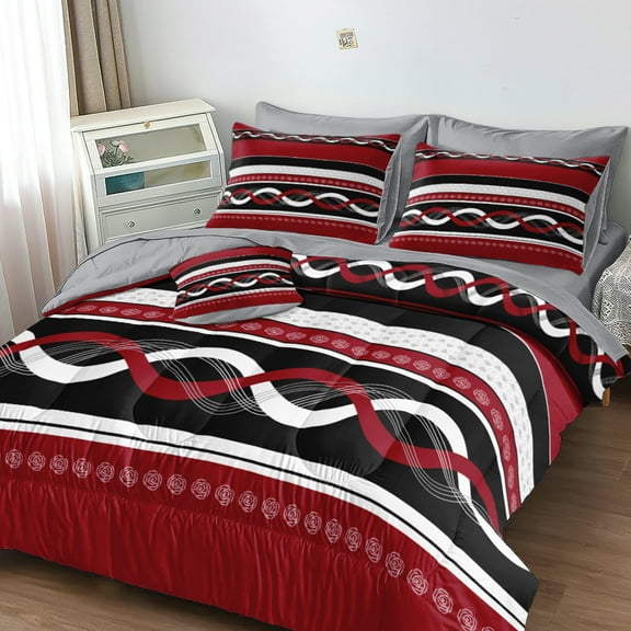 Red Striped Comforter Set Queen Size, 7 Pieces Bed in A Bag Gray and Red Patchwork , Geometric Comforter and Sheet Set,All Season Reversible Bedding Set
