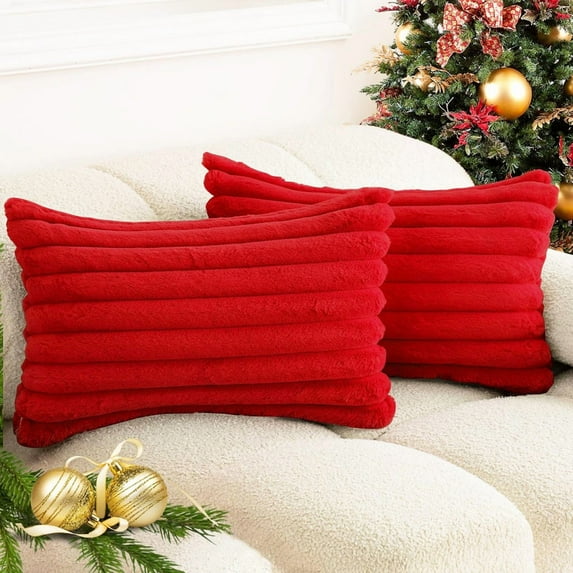 Red Striped Decorative Throw Pillow Covers 12 x 20 Inch Set of 2, Square Fall Decorations Couch Pillow Case, Soft Cozy Faux Rabbit Fur Front & Velvet Back, Modern Decor for Home Bedroom