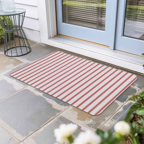 Red Striped Door Mat Indoor Outdoor, Red White Stripes Farmhouse Non Slip Welcome Mat with Rubber Backing, Absorbent Fabric Front Door Mats Entryway Rug for Home Patio Entrance 24"x36"