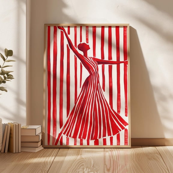 Red Striped Dress Art Print, Elegant Female Figure, Minimalist Fashion Silhouette, Bold Modern Illustration Wall Art, Modern Wall Decor, 16x24 UNFRAMED