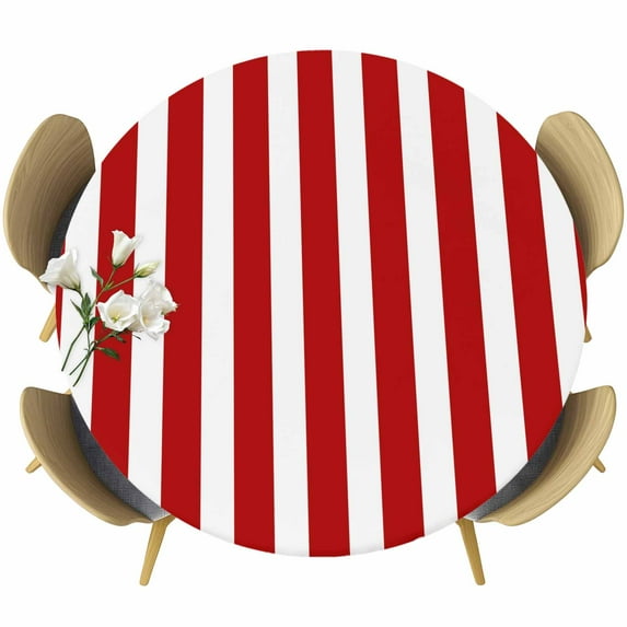 Red Striped Fitted Tablecloth with Elastic Edged, Round Table Cloth for Dining Table, Christmas Farmhouse Red White Stripes Waterproof Oil Proof Table Cover for Indoor Outdoor 55"-60"