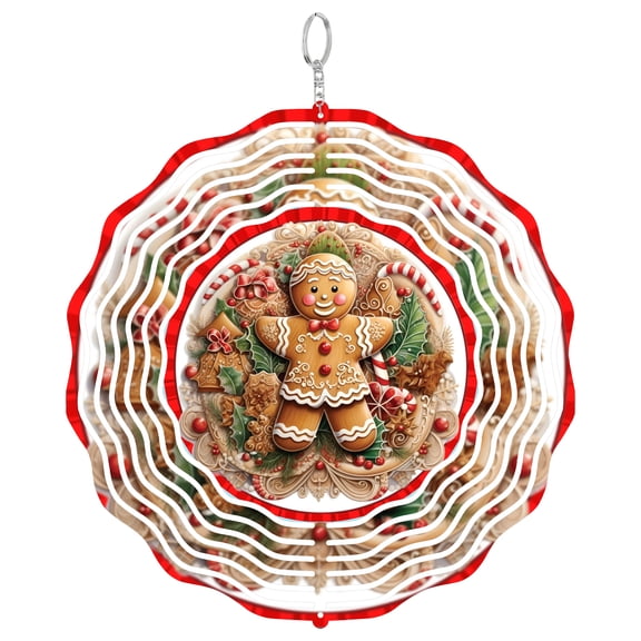 Red Striped Gingerbread Man 3D Wind Spinner Kinetic Metal Hanging Xmas Bakery Decor Round