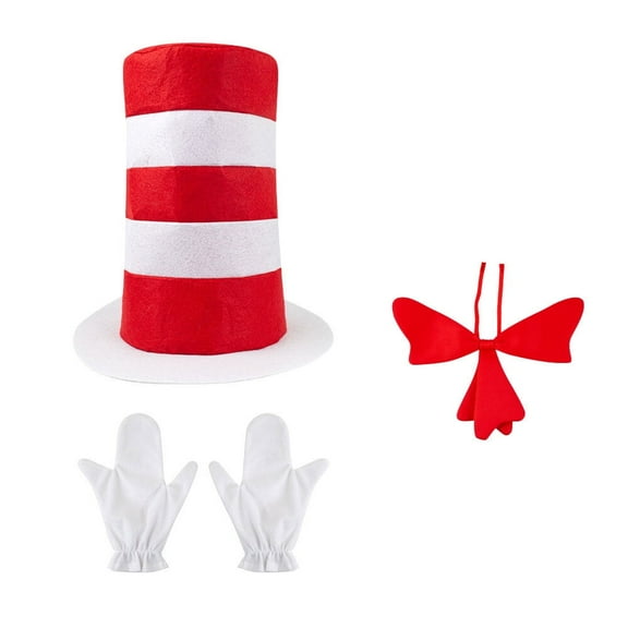 Red Striped Hat White Gloves White Red Bow 3 Pack Halloween Cosplay Costume Accessories