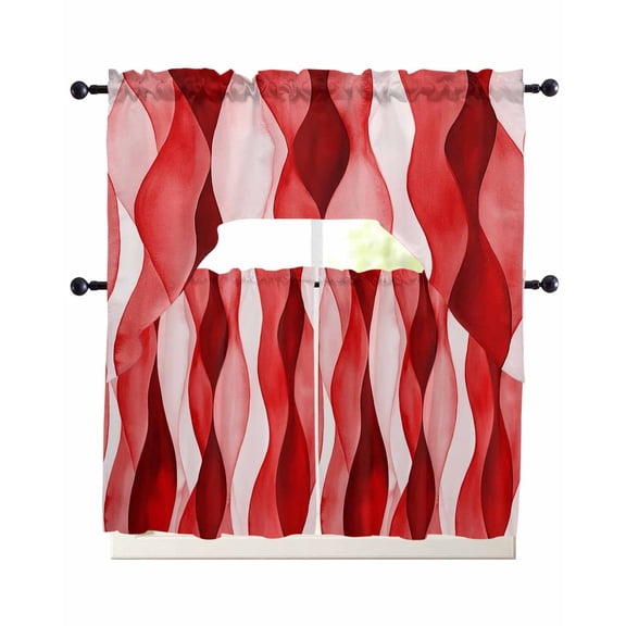 Red Striped Kitchen Curtains Swag Valance and Tier Curtains Set 24 Inch Length, Modern Gradient Geometric Ripple Stripes Rod Pocket Drape Panels Pair Swag Curtain for Bathroom/Cafe/Window