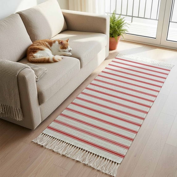 Red Striped Kitchen Runner Rug 2'x4', Red White Stripes Farmhouse Washable Rug with Tassels, Non Slip Woven Cotton Bathroom Rugs Hallway Carpet for Foyer Bedroom Entry Back Door Decor