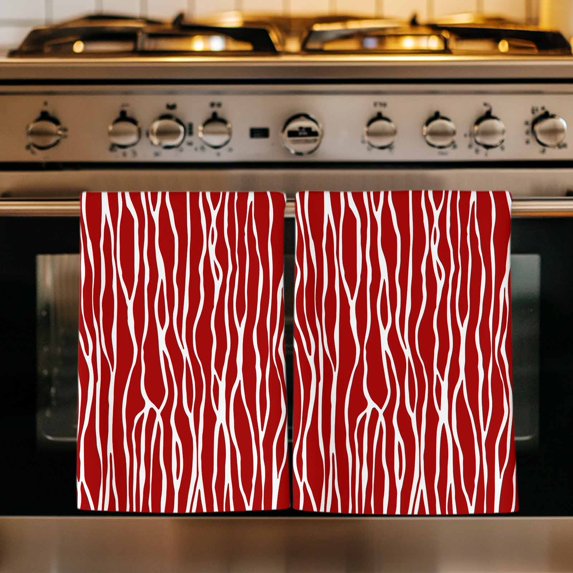 Red Striped Kitchen Towels Set of 1, Classic Minimalist Waves Lines Pattern Absorbent Dish Towels for Kitchen, Microfiber Hand Towel, Quick Drying Tea Towel for Cleaning Decorative Dishcloths