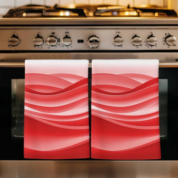 Red Striped Kitchen Towels Set of 2, Modern Abstract Art Wave Moire Gradient Absorbent Dish Towels for Kitchen, Microfiber Hand Towel, Quick Drying Tea Towel for Cleaning Decorative Dishcloths