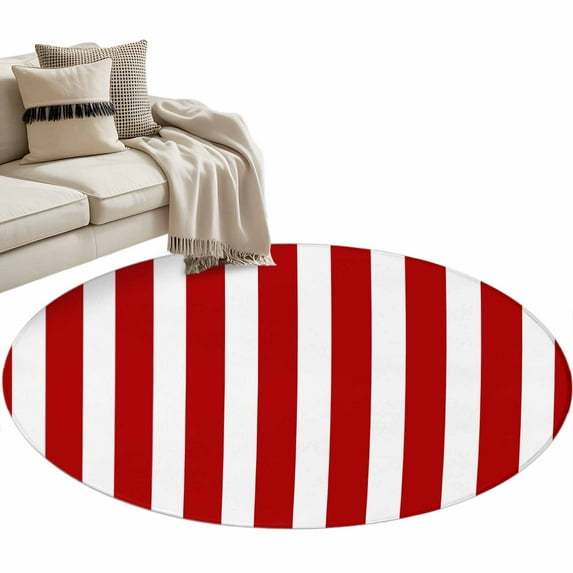 Red Striped Large Area Rugs for Bedroom Living Room, Soft Non Slip Carpet Bedside Rug, Christmas Farmhouse Red White Stripes Round Floor Cover Kitchen Accent Rug 3.3' for Dining Room/Office