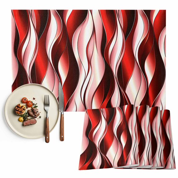 Red Striped Ombre Placemats Set of 6, Modern Red Moire Geometric Washable Wipeable Table Mats for Dining Tables, Indoor Outdoor Kitchen Place Mats for Holiday Party Table Decor