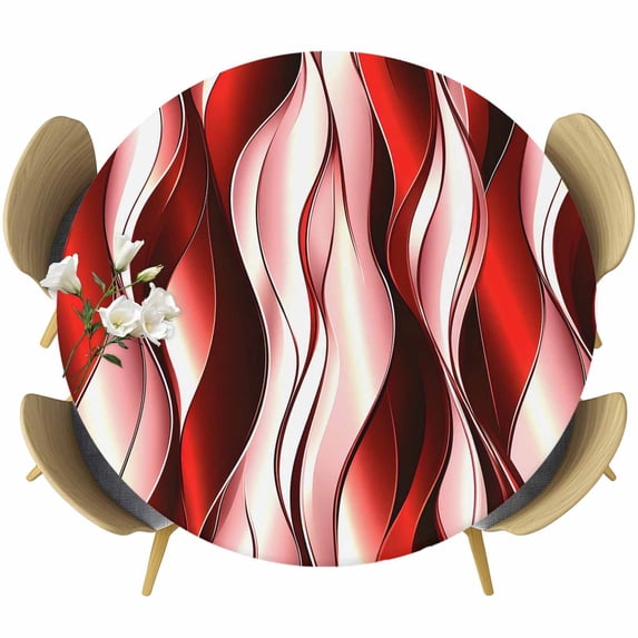 Red Striped Ombre Round Tablecloth, Fitted Table Cover with Elastic for 55"-60" Round Tables, Modern Red Moire Geometric Table Cloth Outdoor Indoor Dinning Party Waterproof Tablecloths