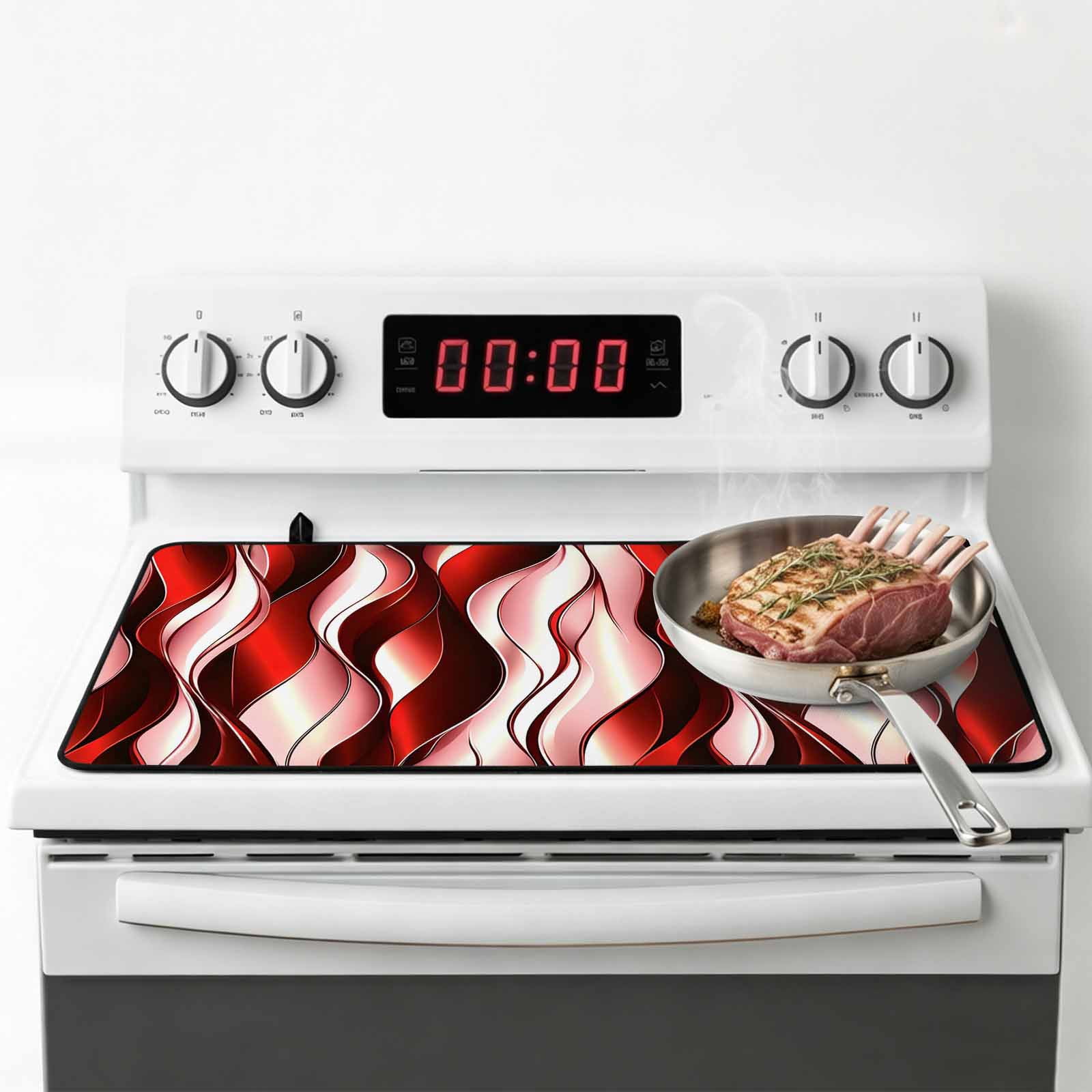 Red Striped Ombre Stove Top Cover for Electric Stove, Heat-proof & Non Slip Glass Top Stove Cover Protector, Modern Red Moire Geometric Kitchen Flat Cooktop Rubber Mat 24x21 Inches