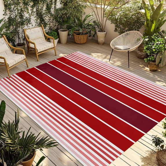 Red Striped Outdoor Rug 3x5 Ft - Reversible Patio Rug Outdoor Camping Rugs, Modern Minimalist Gradient Lines Country Washable Indoor Outdoor Area Rugs, Non-Slip Outdoor Carpet Runner for Deck/Porch