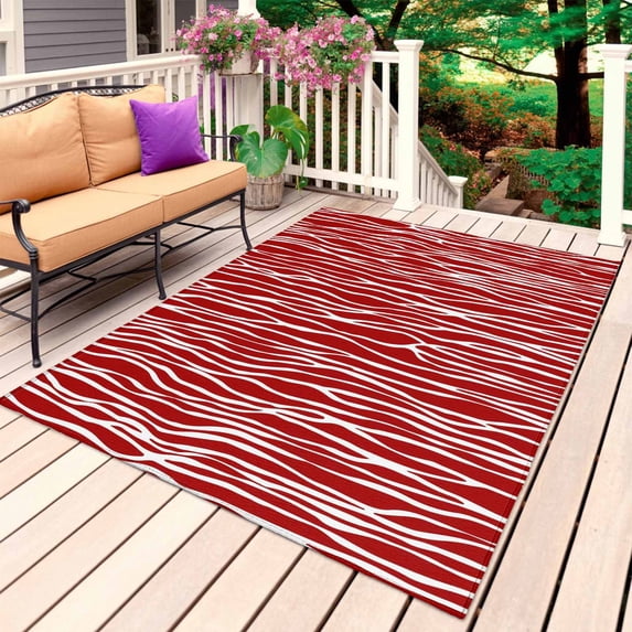 Red Striped Outdoor Rug 5x7 Ft, Non Slip Washable Area Rug, Classic Minimalist Waves Lines Pattern Patio Rugs Carpet Runner, Large Floor Mat for Indoor/Outdoor Deck Porch Camping