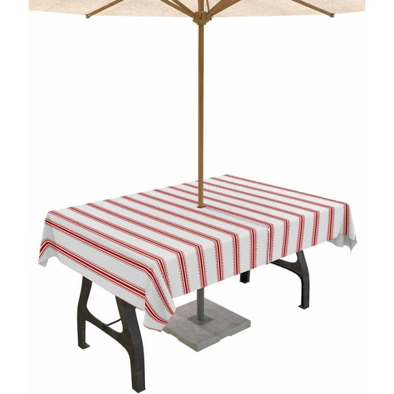 Red Striped Outdoor Tablecloth with Umbrella Hole & Zipper, Red White Stripes Farmhouse Rectangle Tablecloth 60x84 Inch, Patio Table Cover Waterproof Table Cloth for Picnic/Party