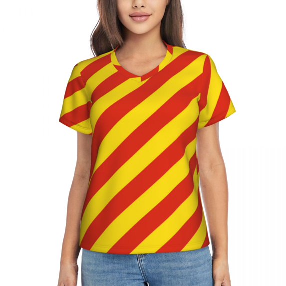 Red Striped Print T Shirt Women National Flag Harajuku V Neck T-Shirts Short Sleeve Casual Tshirt Summer Pattern Tees Bi