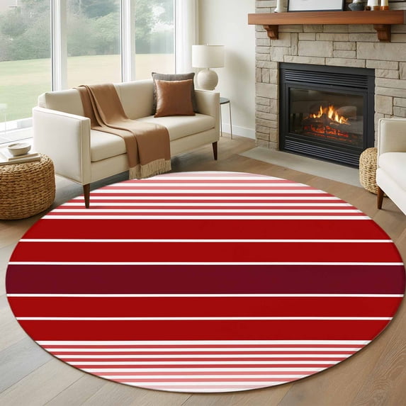 Red Striped Round Area Rug 6 FT, Non Slip Bedroom Rugs, Modern Minimalist Gradient Lines Country Washable Soft Circular Carpet Non-Shedding Floor Mat for Kitchen Dining Room Home Office Kids Room