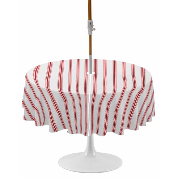 Red Striped Round Outdoor Tablecloth, Waterproof Table Cloth Cover with Umbrella Hole and Zipper, Red White Stripes Farmhouse Table Protector for Patio Party Picnic 54" Round