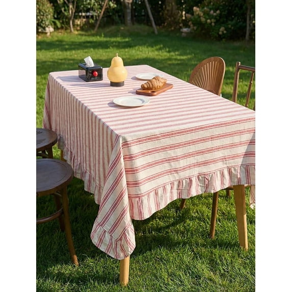 Red Striped Ruffle Tablecloth, Farmhouse Style, Rectangular, 1pc