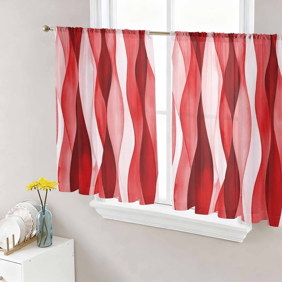 Red Striped Semi Sheer Curtains 45 Inch Length 2 Panels Set, Modern Gradient Geometric Ripple Stripes Sheer Kitchen Curtain Privacy Voile Window Curtain for Living Room Bedroom Rod Pocket Drapes