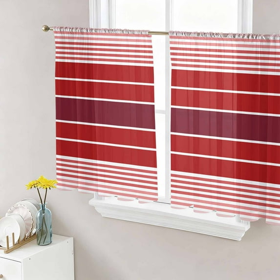 Red Striped Semi Sheer Curtains 54 Inch Length 2 Panels Set, Modern Minimalist Gradient Lines Country Sheer Kitchen Curtain Privacy Voile Window Curtain for Living Room Bedroom Rod Pocket Drapes
